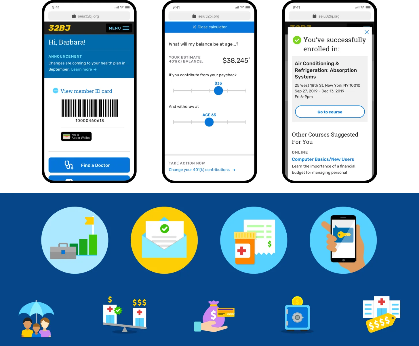 Mobile screens showing a health insurance card, a financial calculator, and workplace continuing education courses.